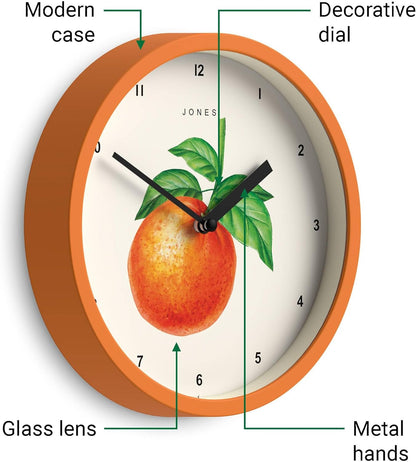® Fruit wall Clock | Small Round Clock | 8" | Yellow | Botanical Illustrated Lemon dial | Ideal for Kitchen and Dining Rooms.