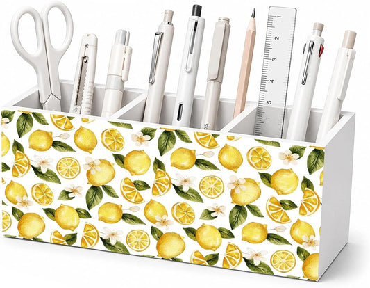 Watercolor Lemon Pencil Pen Holder, Lemon Gifts for Women, Summer Mediterranean Yellow Fruit Flower Wooden Pen Holder Desk Organizer for Home Office Tabletop Decor