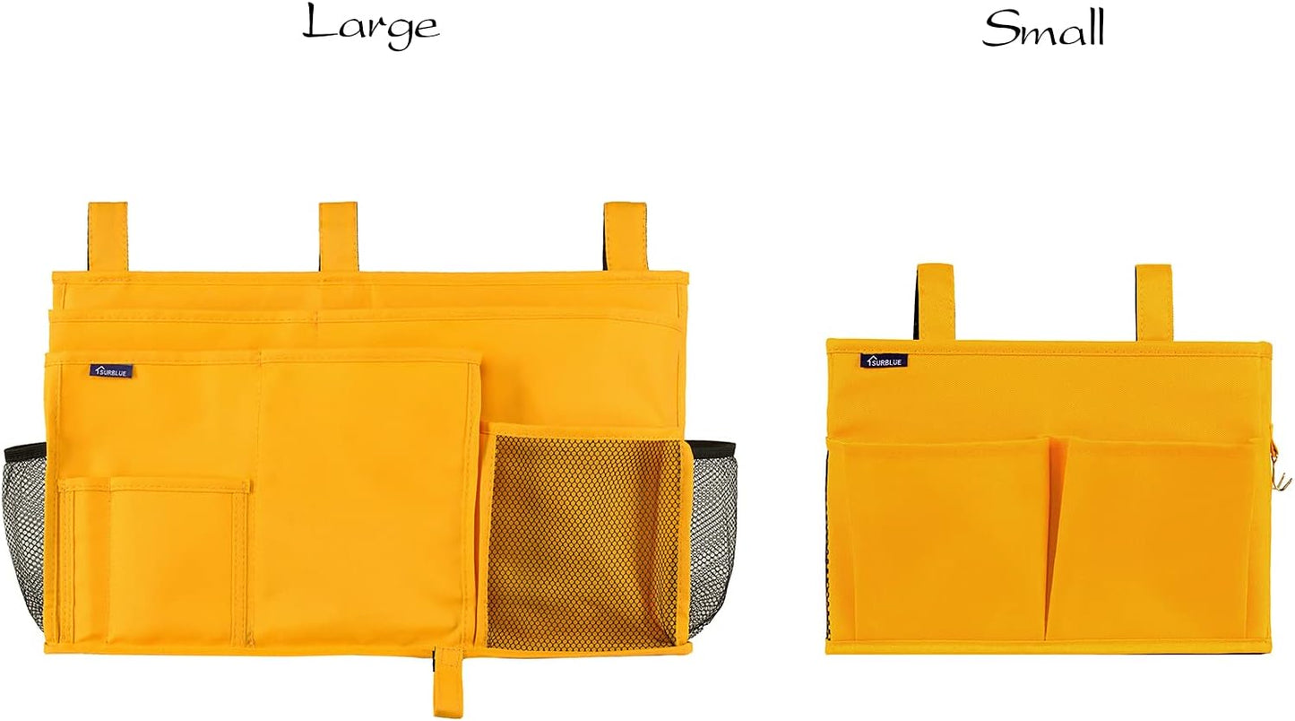Bedside Caddy Hanging Bed Organizer Storage Bag Pocket for Bunk and Hospital Beds, College Dorm Rooms Baby Bed Rails, Camp 4 Pockets and 2 Hooks (Small, Yellow)
