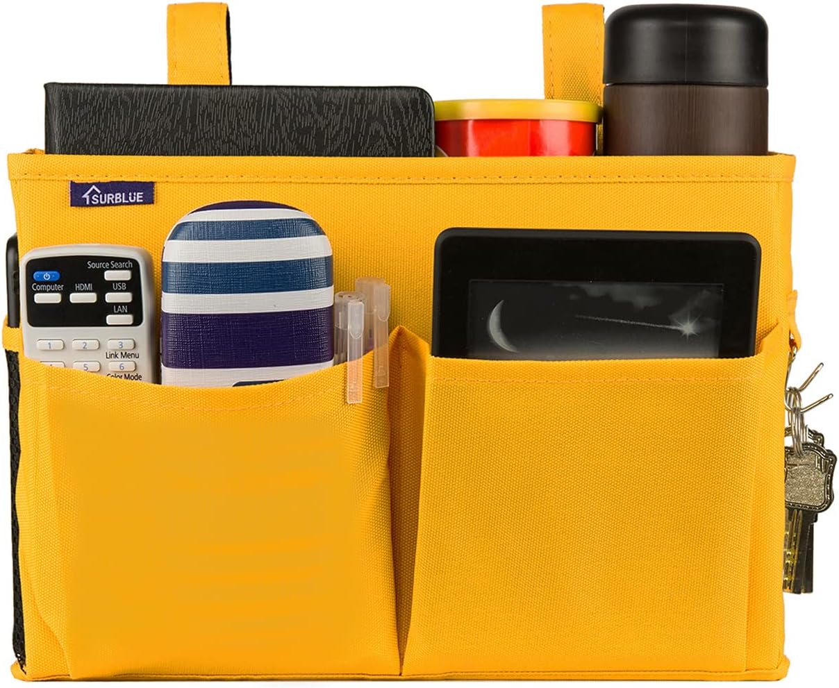 Bedside Caddy Hanging Bed Organizer Storage Bag Pocket for Bunk and Hospital Beds, College Dorm Rooms Baby Bed Rails, Camp 4 Pockets and 2 Hooks (Small, Yellow)