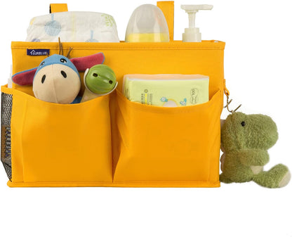 Bedside Caddy Hanging Bed Organizer Storage Bag Pocket for Bunk and Hospital Beds, College Dorm Rooms Baby Bed Rails, Camp 4 Pockets and 2 Hooks (Small, Yellow)