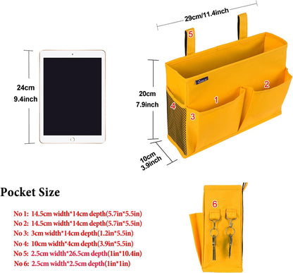 Bedside Caddy Hanging Bed Organizer Storage Bag Pocket for Bunk and Hospital Beds, College Dorm Rooms Baby Bed Rails, Camp 4 Pockets and 2 Hooks (Small, Yellow)