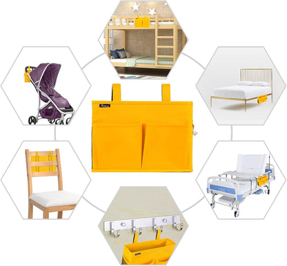 Bedside Caddy Hanging Bed Organizer Storage Bag Pocket for Bunk and Hospital Beds, College Dorm Rooms Baby Bed Rails, Camp 4 Pockets and 2 Hooks (Small, Yellow)