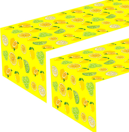 2Pcs Lemon Table Runner Fruit Yellow Lemon Lime Baby Shower Birthday Party Decorations Favors Supplies Table Tablecloth