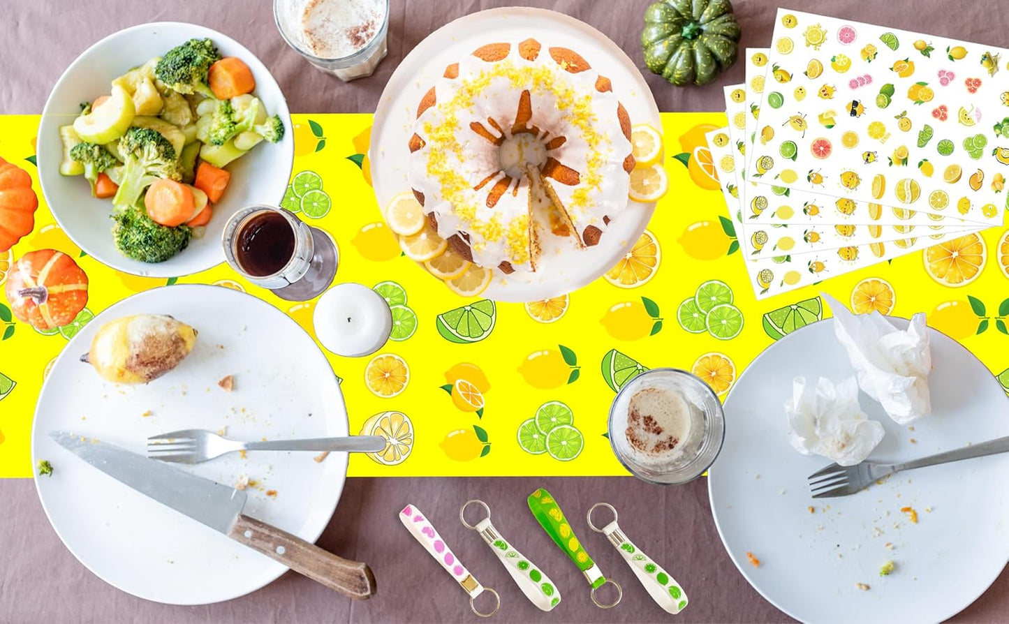 2Pcs Lemon Table Runner Fruit Yellow Lemon Lime Baby Shower Birthday Party Decorations Favors Supplies Table Tablecloth