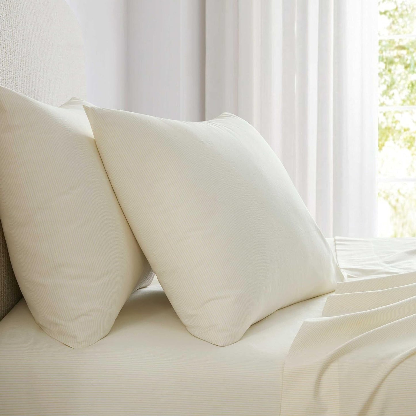 King Size Sheets Set, Crisp & Tailored Cooling Sheets with a Naturally Smooth Cotton Percale Lightweight Feel - Bed Sheets with Matching Pillowcases & Fitted Sheet (Stripe Yellow)