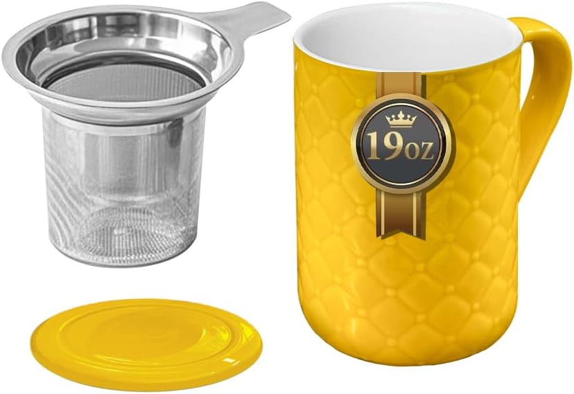 19oz Ceramic Tea Mug with Infuser and Lid Loose Leaf Tea Steeper Microwave & Dishwasher Safe for Tea, Coffee, Milk, Home & Office (Yellow Embossed Porcelain Tea Cup)