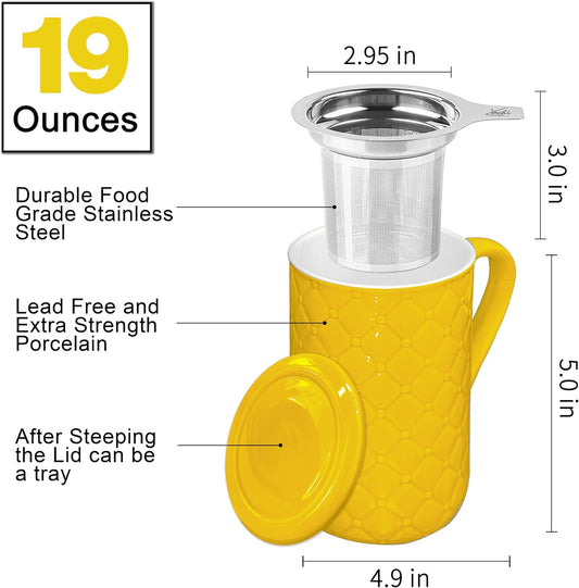 19oz Ceramic Tea Mug with Infuser and Lid Loose Leaf Tea Steeper Microwave & Dishwasher Safe for Tea, Coffee, Milk, Home & Office (Yellow Embossed Porcelain Tea Cup)