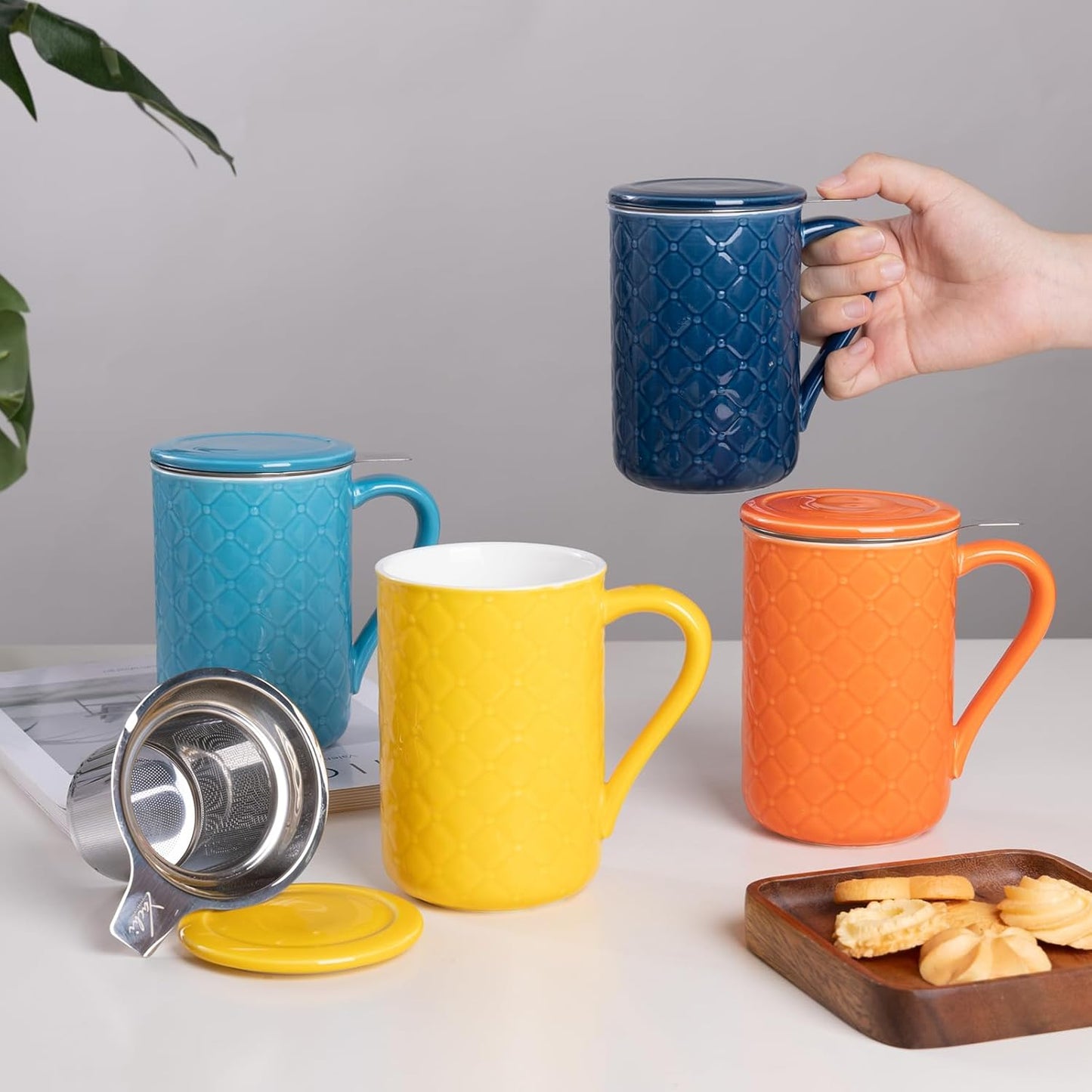 19oz Ceramic Tea Mug with Infuser and Lid Loose Leaf Tea Steeper Microwave & Dishwasher Safe for Tea, Coffee, Milk, Home & Office (Yellow Embossed Porcelain Tea Cup)