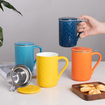 19oz Ceramic Tea Mug with Infuser and Lid Loose Leaf Tea Steeper Microwave & Dishwasher Safe for Tea, Coffee, Milk, Home & Office (Yellow Embossed Porcelain Tea Cup)
