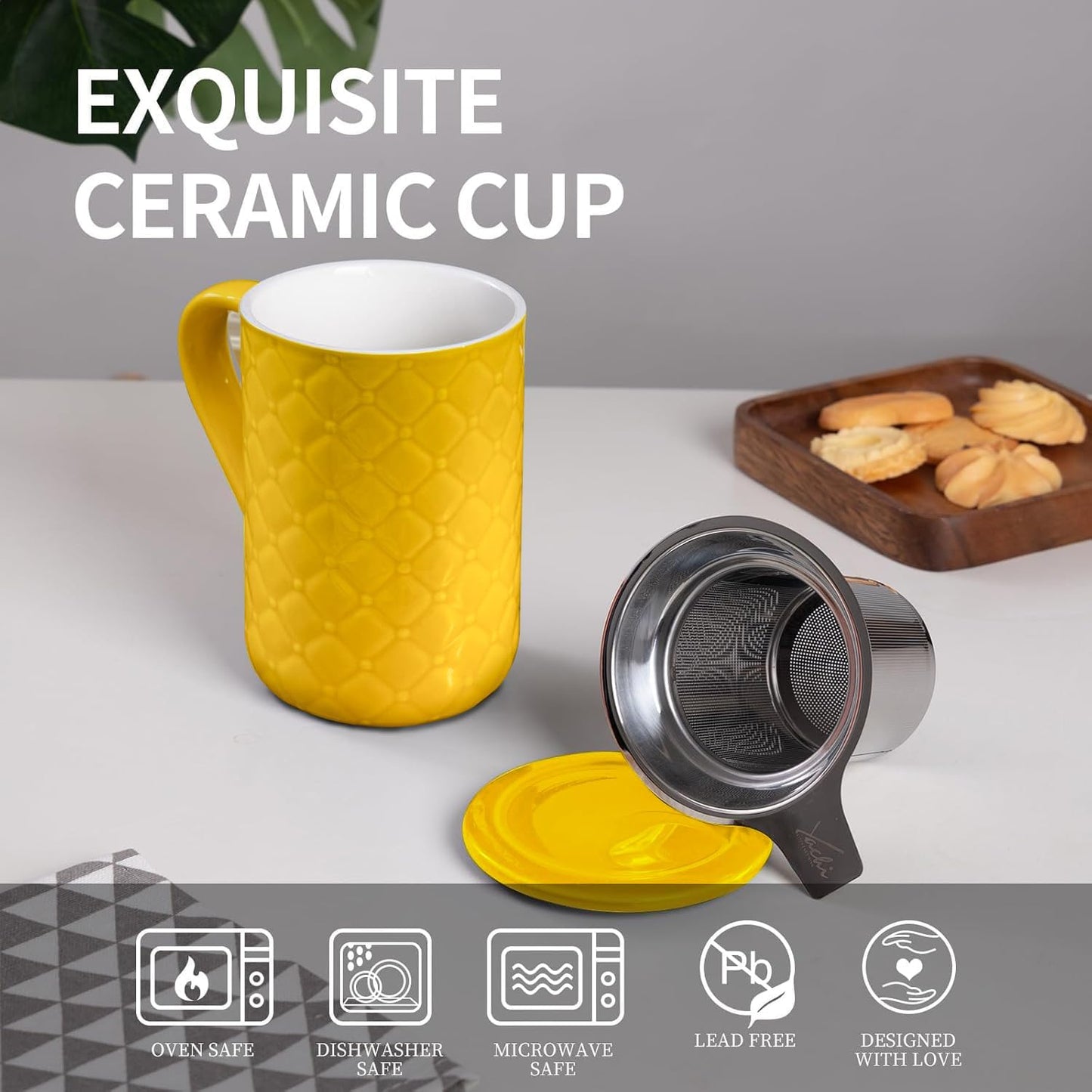 19oz Ceramic Tea Mug with Infuser and Lid Loose Leaf Tea Steeper Microwave & Dishwasher Safe for Tea, Coffee, Milk, Home & Office (Yellow Embossed Porcelain Tea Cup)