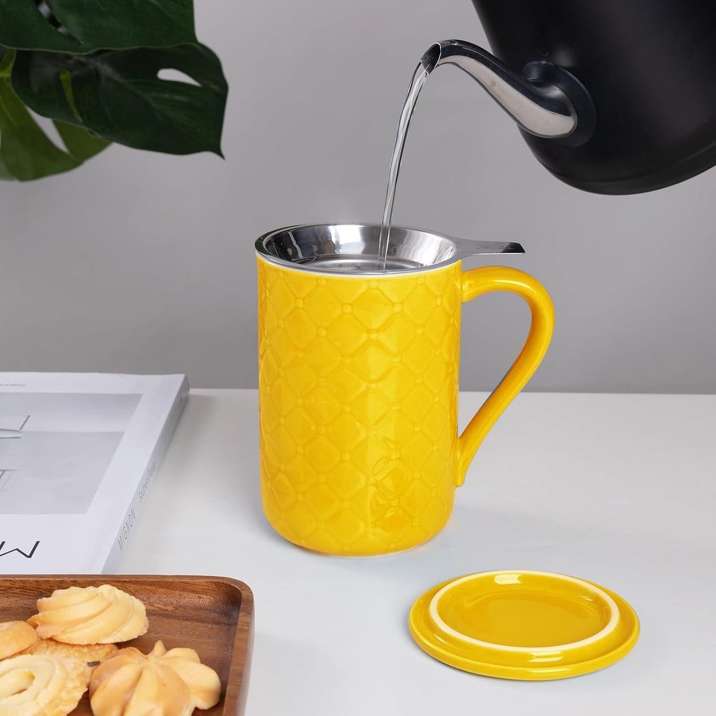 19oz Ceramic Tea Mug with Infuser and Lid Loose Leaf Tea Steeper Microwave & Dishwasher Safe for Tea, Coffee, Milk, Home & Office (Yellow Embossed Porcelain Tea Cup)