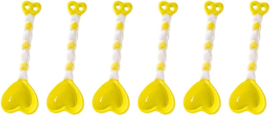 (6 Pieces) Heart-shaped Ceramic Spoons Eating Small Dessert (Light yellow)