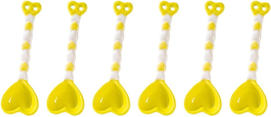 (6 Pieces) Heart-shaped Ceramic Spoons Eating Small Dessert (Light yellow)