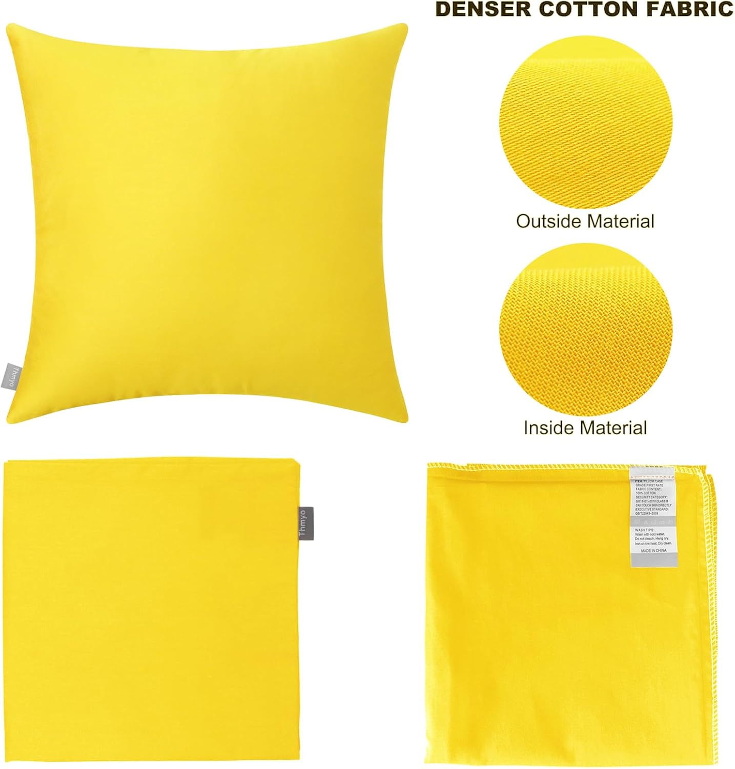 4-Pack 100% Cotton Comfortable Solid Decorative Throw Pillow Case, Square Cushion Cover Pillowcase Sublimation Blank Pillow Covers DIY Throw Pillowcase for Sofa(16x16 inch/ 40x40cm,Lemon Yellow)