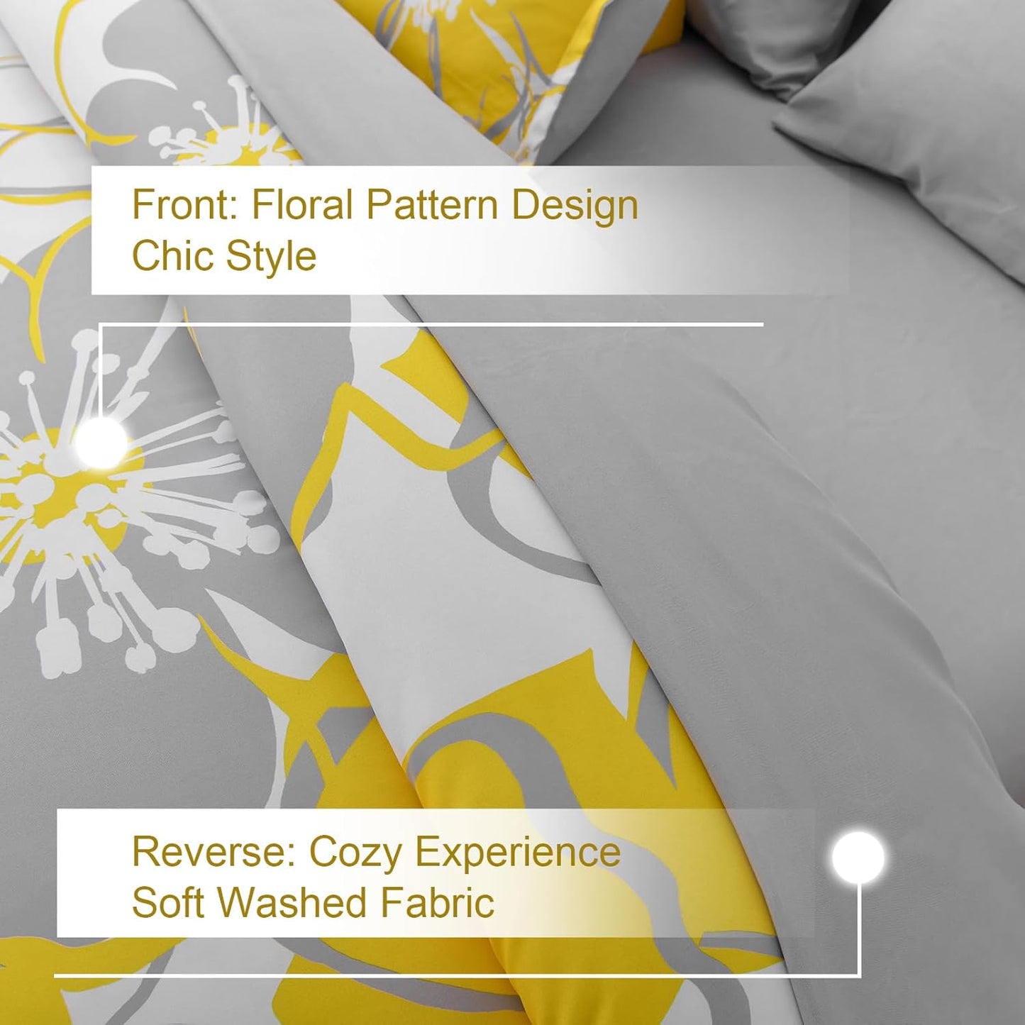 7 Pieces Yellow Floral Comforter Set Queen Size, Reversible Bed in a Bag with Sheets Set All Season, Soft Microfiber Flower Pattern Complete Duvet Bedding Set (Queen, 90"x90")
