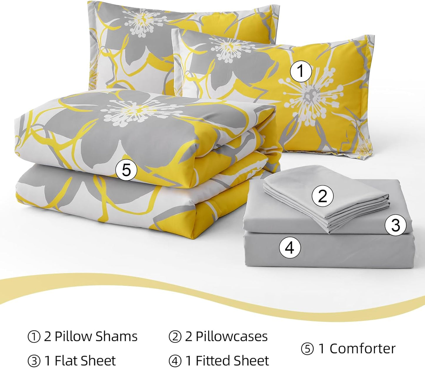 7 Pieces Yellow Floral Comforter Set Queen Size, Reversible Bed in a Bag with Sheets Set All Season, Soft Microfiber Flower Pattern Complete Duvet Bedding Set (Queen, 90"x90")
