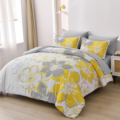 7 Pieces Yellow Floral Comforter Set Queen Size, Reversible Bed in a Bag with Sheets Set All Season, Soft Microfiber Flower Pattern Complete Duvet Bedding Set (Queen, 90"x90")