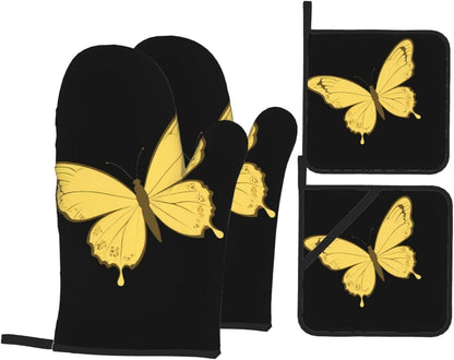 Light Yellow Pattern Butterfly Prints Kitchen Covers: Waterproof Oven Layers for Easy Cooking & Cleanup - 4 Piece Heat Shield Set