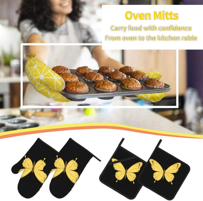 Light Yellow Pattern Butterfly Prints Kitchen Covers: Waterproof Oven Layers for Easy Cooking & Cleanup - 4 Piece Heat Shield Set