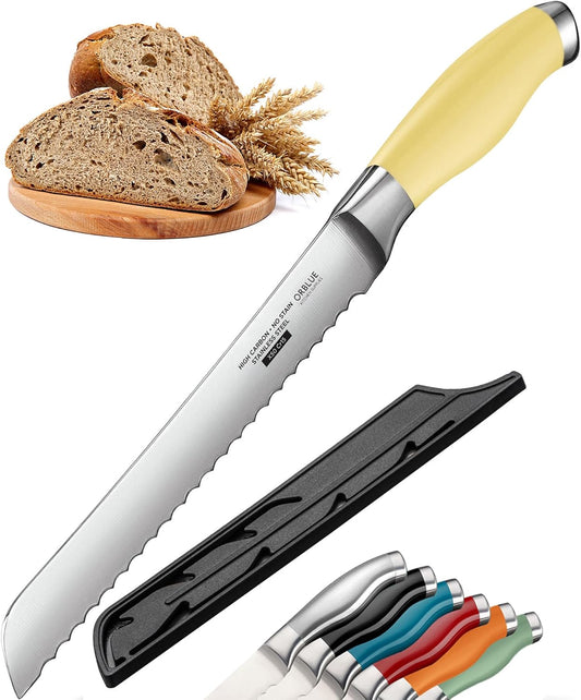 Serrated Bread Knife Ultra-Sharp Stainless Steel Professional Grade Bread Cutter - Cuts Thick Loaves Effortlessly - (8-Inch Blade with 5-Inch Handle), Yellow