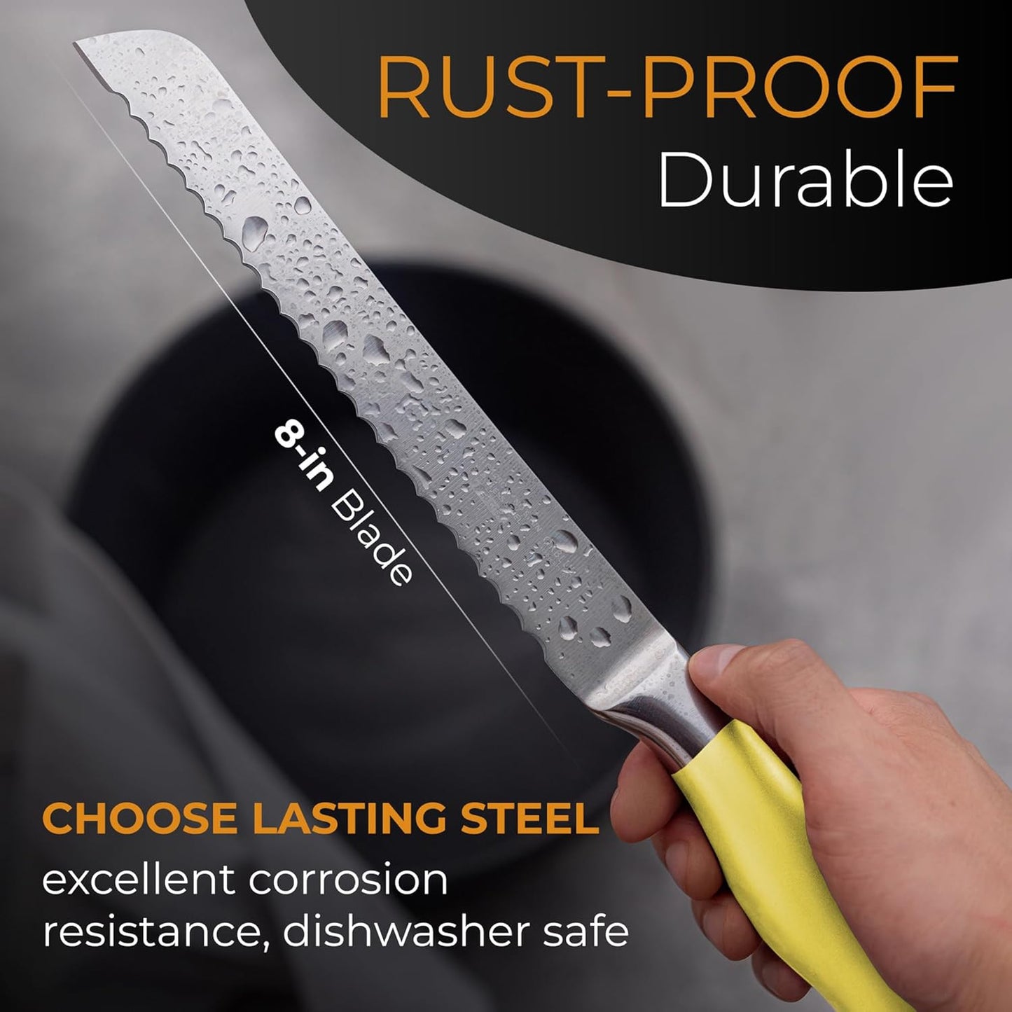 Serrated Bread Knife Ultra-Sharp Stainless Steel Professional Grade Bread Cutter - Cuts Thick Loaves Effortlessly - (8-Inch Blade with 5-Inch Handle), Yellow