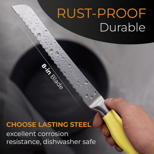 Serrated Bread Knife Ultra-Sharp Stainless Steel Professional Grade Bread Cutter - Cuts Thick Loaves Effortlessly - (8-Inch Blade with 5-Inch Handle), Yellow