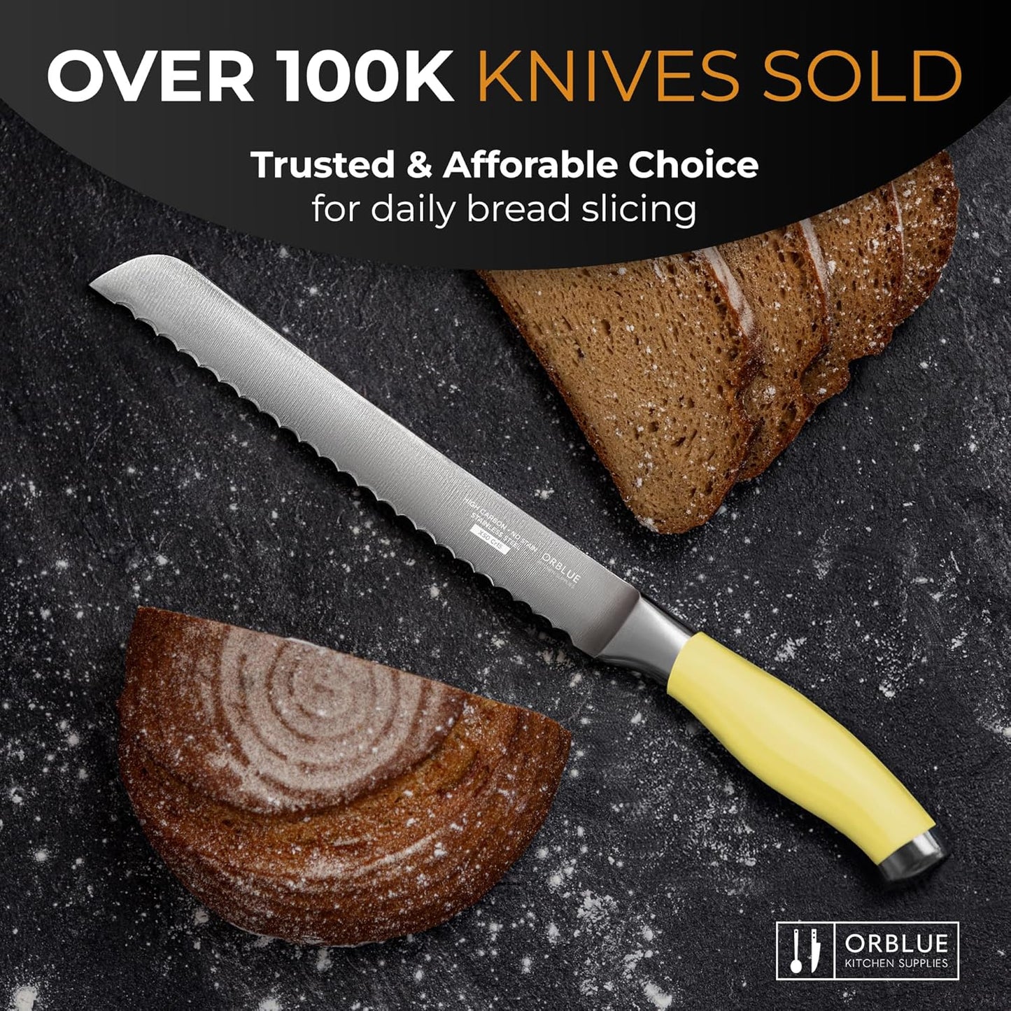 Serrated Bread Knife Ultra-Sharp Stainless Steel Professional Grade Bread Cutter - Cuts Thick Loaves Effortlessly - (8-Inch Blade with 5-Inch Handle), Yellow