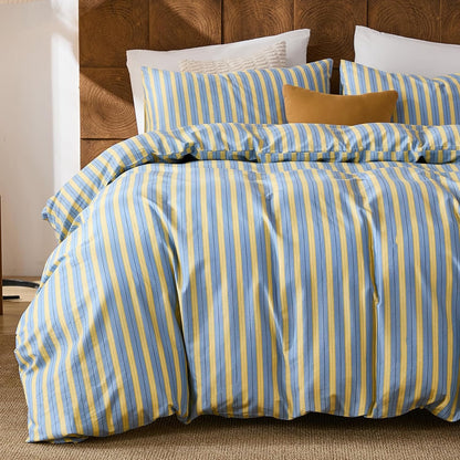 100% Cotton Duvet Cover Set Queen Size, Blue & Yellow Striped Bedding Set with Zipper Closure and 8 Corner Ties, Modern Coastal Style Comforter Cover Set 3 Pieces