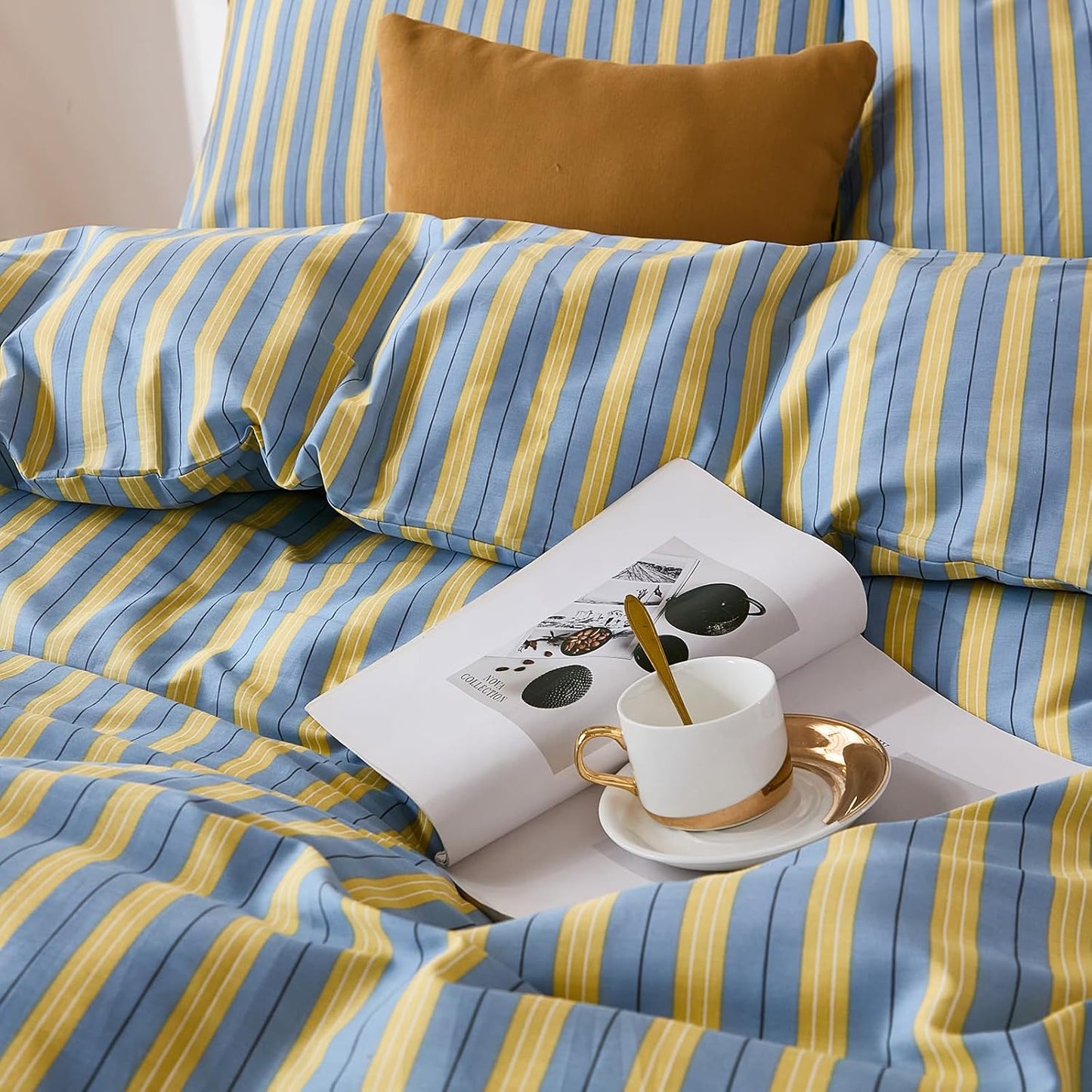 100% Cotton Duvet Cover Set Queen Size, Blue & Yellow Striped Bedding Set with Zipper Closure and 8 Corner Ties, Modern Coastal Style Comforter Cover Set 3 Pieces