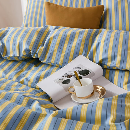 100% Cotton Duvet Cover Set Queen Size, Blue & Yellow Striped Bedding Set with Zipper Closure and 8 Corner Ties, Modern Coastal Style Comforter Cover Set 3 Pieces