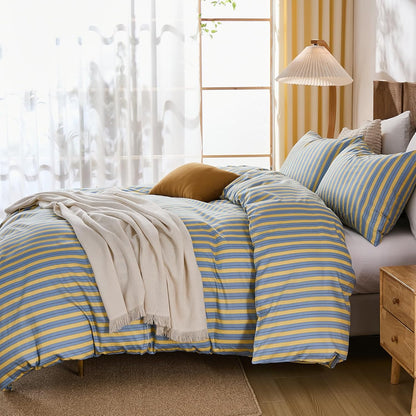 100% Cotton Duvet Cover Set Queen Size, Blue & Yellow Striped Bedding Set with Zipper Closure and 8 Corner Ties, Modern Coastal Style Comforter Cover Set 3 Pieces
