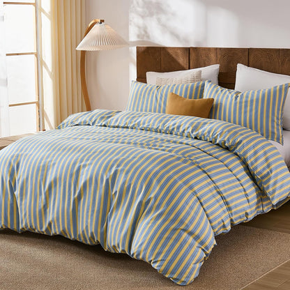 100% Cotton Duvet Cover Set Queen Size, Blue & Yellow Striped Bedding Set with Zipper Closure and 8 Corner Ties, Modern Coastal Style Comforter Cover Set 3 Pieces