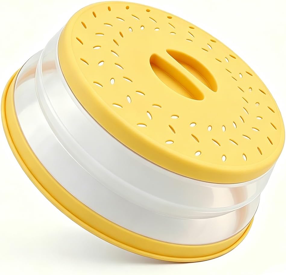 Collapsible Microwave Splatter Cover(Light yellow, 10.5IN) | Microwave Plate Cover With Steam Vent，BPA-Free Silicone & Plastic