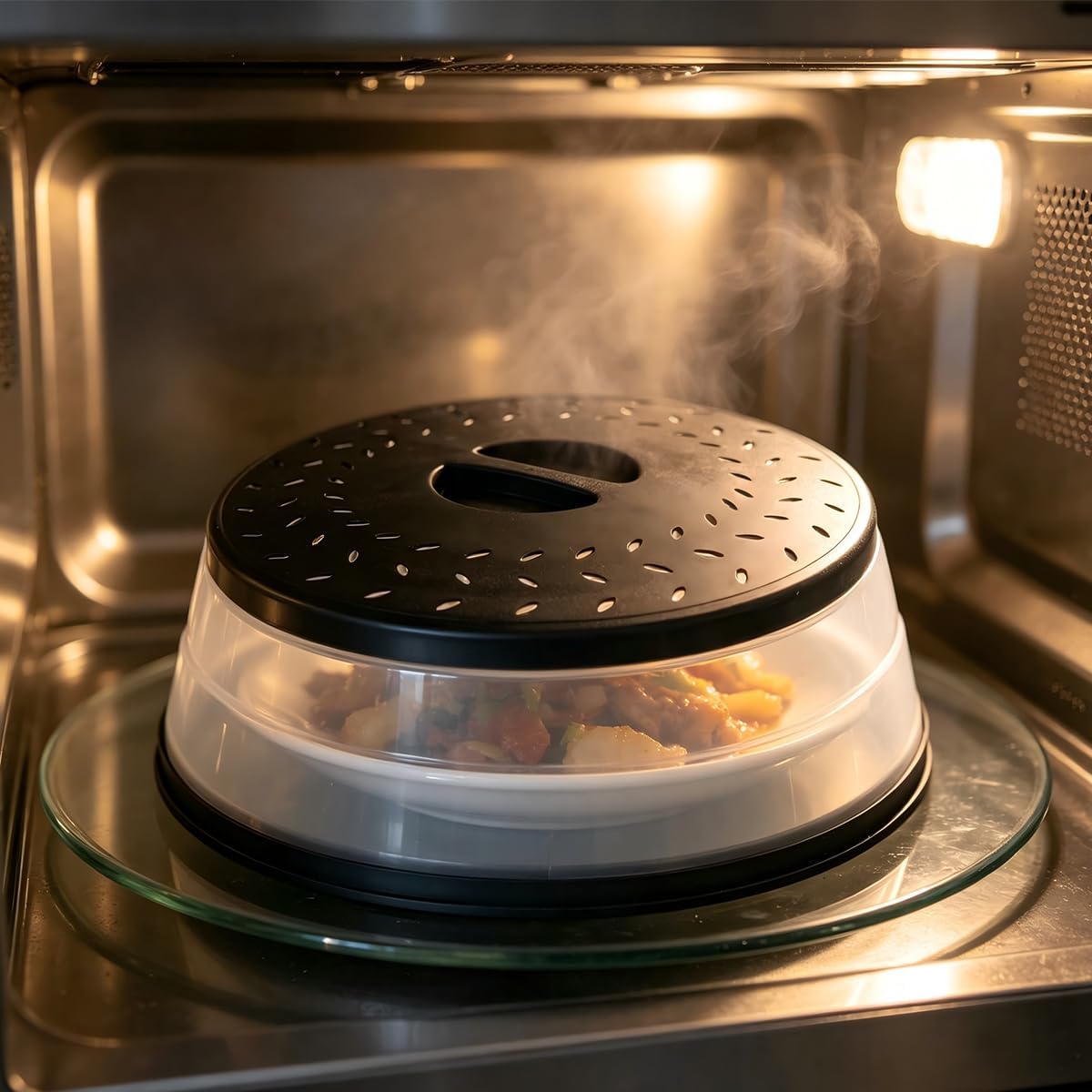 Collapsible Microwave Splatter Cover(Light yellow, 10.5IN) | Microwave Plate Cover With Steam Vent，BPA-Free Silicone & Plastic