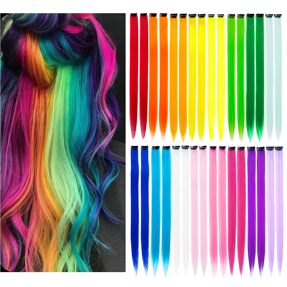 32Pcs Colored Hair Extensions 20Inch Straight Clip in on Hairpieces | Rainbow Party Highlights Synthetic Hairpiece(16 colors)