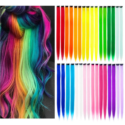 32Pcs Colored Hair Extensions 20Inch Straight Clip in on Hairpieces | Rainbow Party Highlights Synthetic Hairpiece(16 colors)
