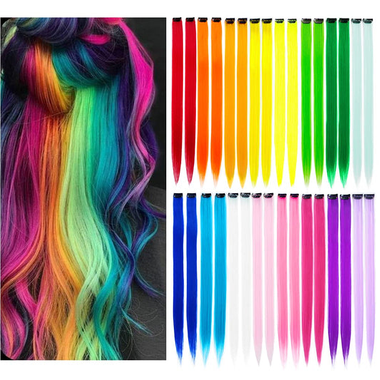 32Pcs Colored Hair Extensions 20Inch Straight Clip in on Hairpieces | Rainbow Party Highlights Synthetic Hairpiece(16 colors)