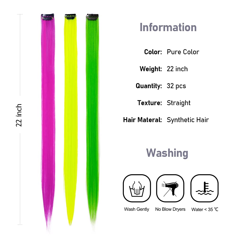 32Pcs Colored Hair Extensions 20Inch Straight Clip in on Hairpieces | Rainbow Party Highlights Synthetic Hairpiece(16 colors)