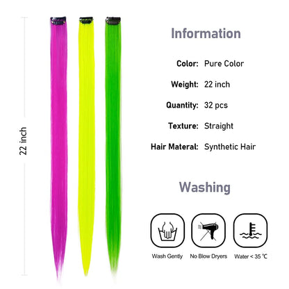 32Pcs Colored Hair Extensions 20Inch Straight Clip in on Hairpieces | Rainbow Party Highlights Synthetic Hairpiece(16 colors)