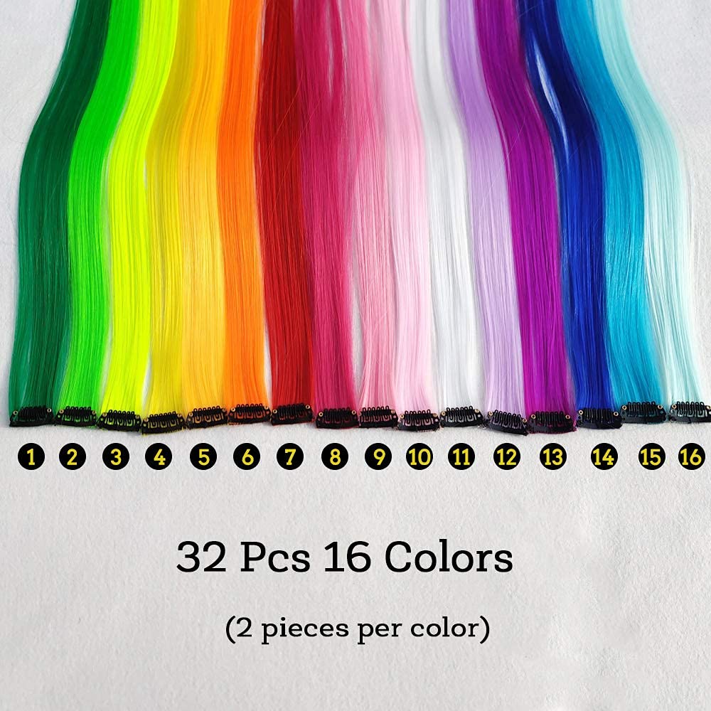 32Pcs Colored Hair Extensions 20Inch Straight Clip in on Hairpieces | Rainbow Party Highlights Synthetic Hairpiece(16 colors)
