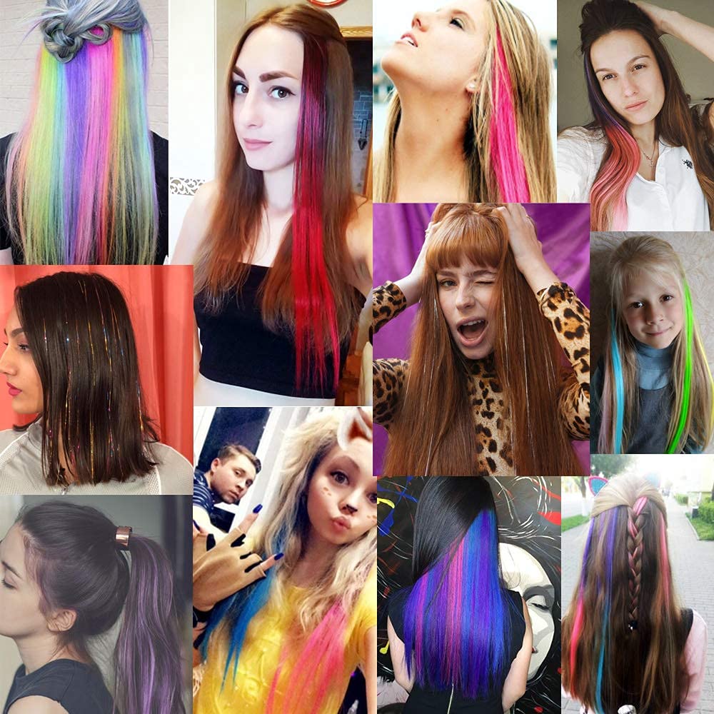 32Pcs Colored Hair Extensions 20Inch Straight Clip in on Hairpieces | Rainbow Party Highlights Synthetic Hairpiece(16 colors)