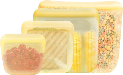 Set of 4 Reusable Silicone Storage Snack Bags 6oz / 16oz / 32oz / 64oz Self-Seal Food Storage Container for Fruits, Vegetables, Sandwiches, Dishwasher Safe & Leak-free (Pastel Yellow)