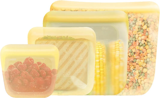 Set of 4 Reusable Silicone Storage Snack Bags 6oz / 16oz / 32oz / 64oz Self-Seal Food Storage Container for Fruits, Vegetables, Sandwiches, Dishwasher Safe & Leak-free (Pastel Yellow)