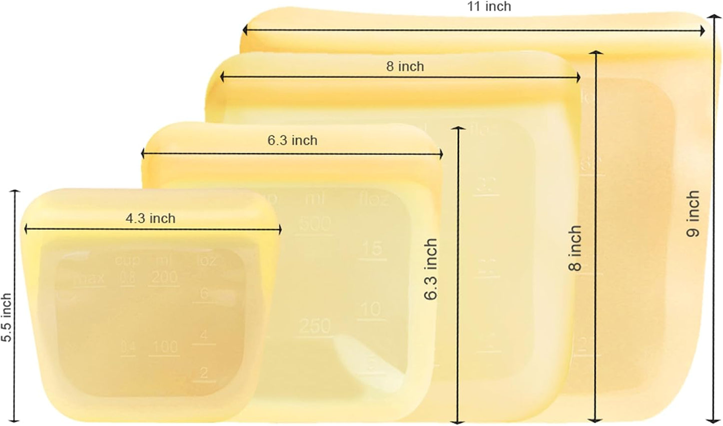 Set of 4 Reusable Silicone Storage Snack Bags 6oz / 16oz / 32oz / 64oz Self-Seal Food Storage Container for Fruits, Vegetables, Sandwiches, Dishwasher Safe & Leak-free (Pastel Yellow)