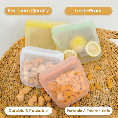 Set of 4 Reusable Silicone Storage Snack Bags 6oz / 16oz / 32oz / 64oz Self-Seal Food Storage Container for Fruits, Vegetables, Sandwiches, Dishwasher Safe & Leak-free (Pastel Yellow)