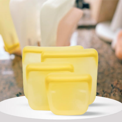 Set of 4 Reusable Silicone Storage Snack Bags 6oz / 16oz / 32oz / 64oz Self-Seal Food Storage Container for Fruits, Vegetables, Sandwiches, Dishwasher Safe & Leak-free (Pastel Yellow)