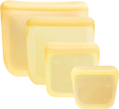 Set of 4 Reusable Silicone Storage Snack Bags 6oz / 16oz / 32oz / 64oz Self-Seal Food Storage Container for Fruits, Vegetables, Sandwiches, Dishwasher Safe & Leak-free (Pastel Yellow)