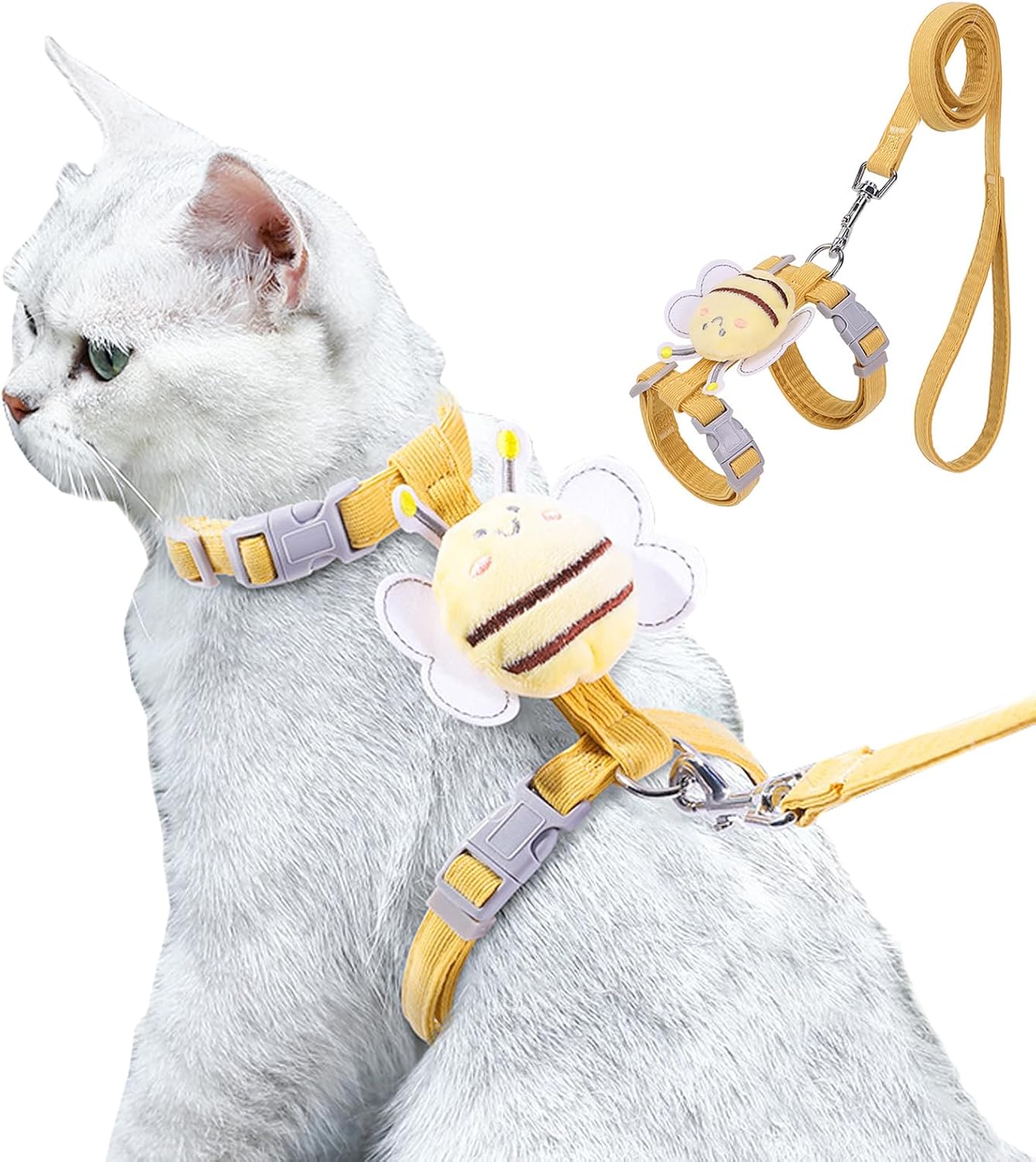 Cat Harness and Leash Set for Outdoor Travel Walking Escape Proof Soft Safe Adjustable Kitten Puppy Small Strap Kitty Cute Bee Wings Yellow S