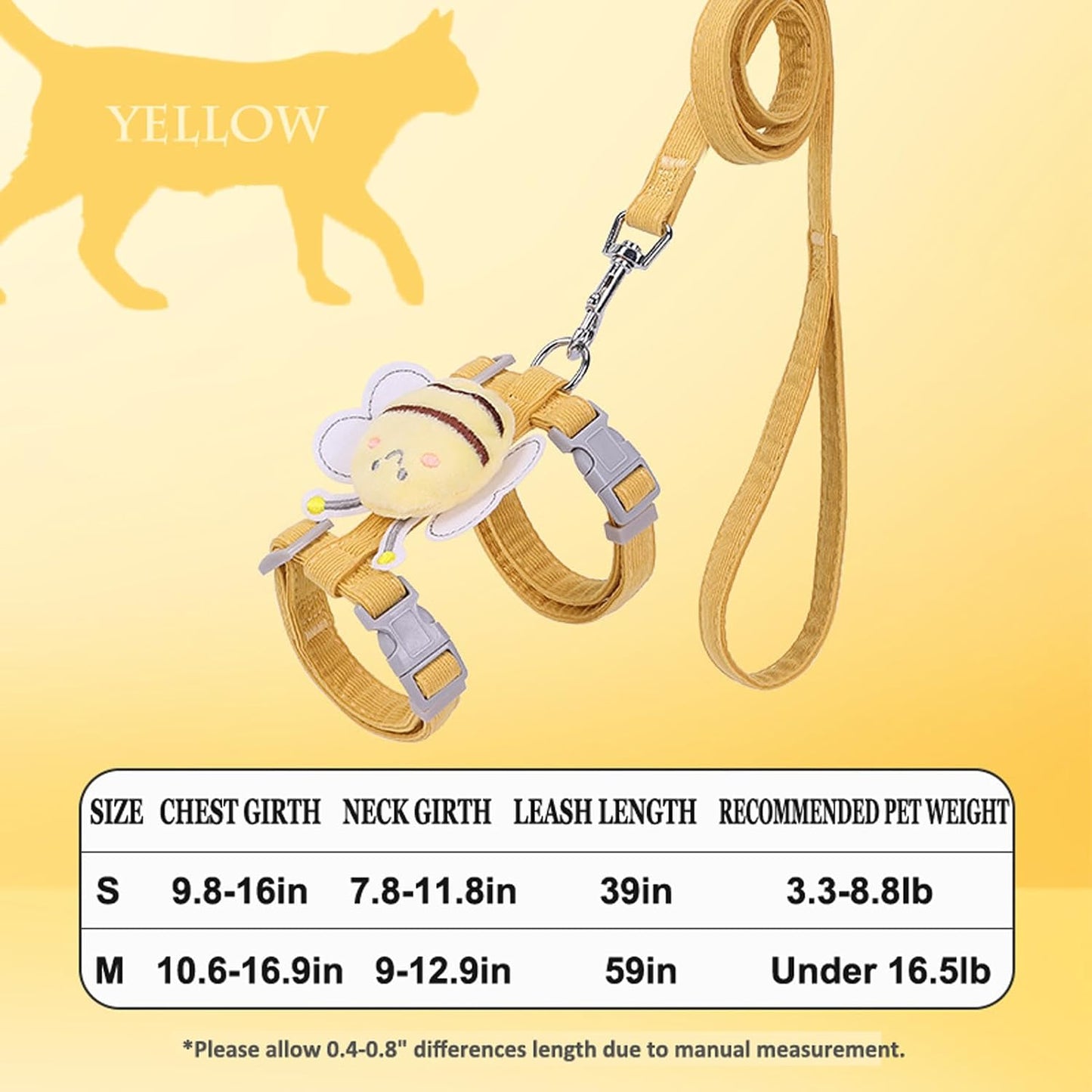 Cat Harness and Leash Set for Outdoor Travel Walking Escape Proof Soft Safe Adjustable Kitten Puppy Small Strap Kitty Cute Bee Wings Yellow S